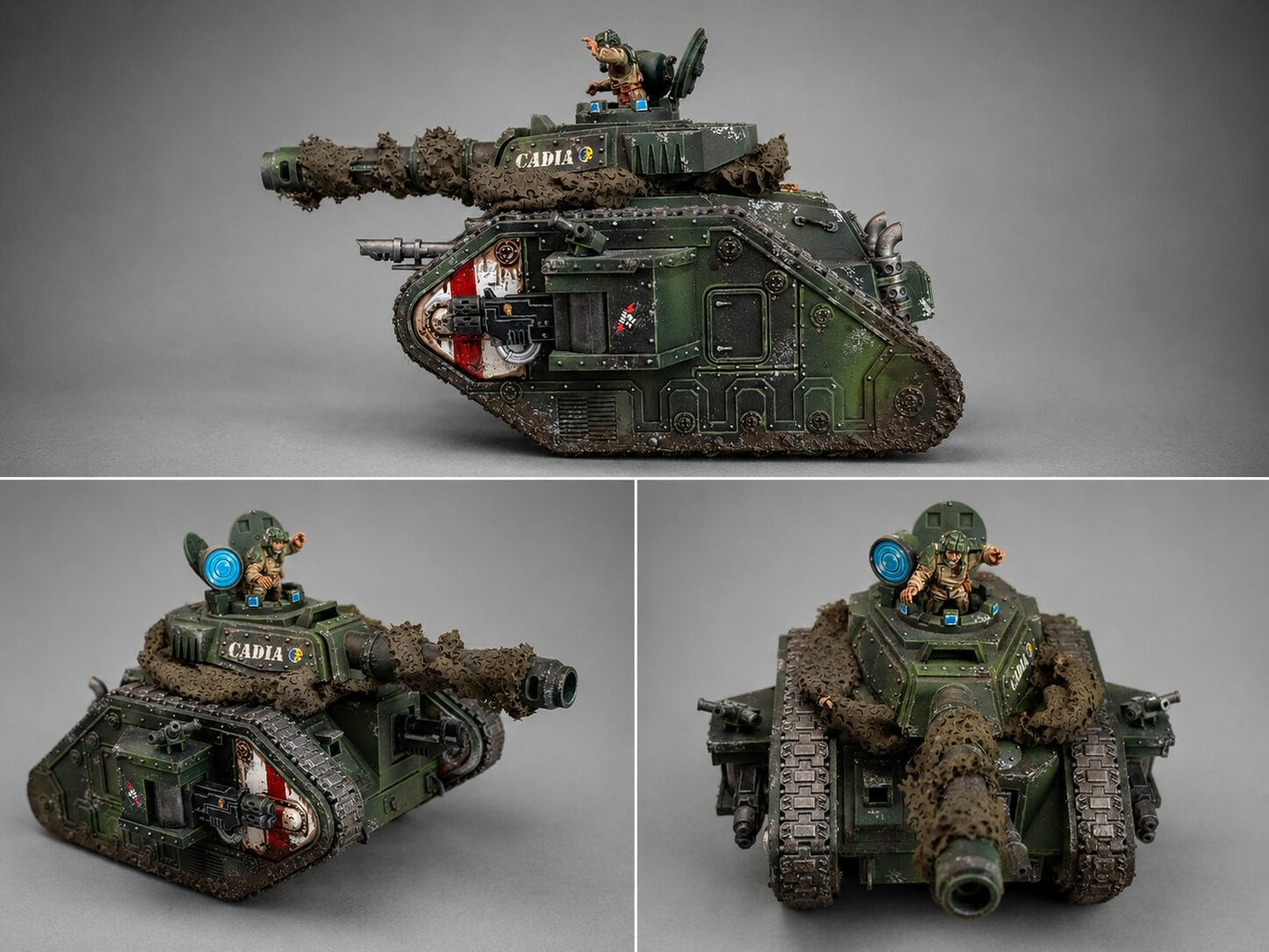 Hand-painted Astra Militarum Leman Russ battle tank miniature in olive green camouflage with mud weathering and battle damage, Cadian tank commission by Alto Studio