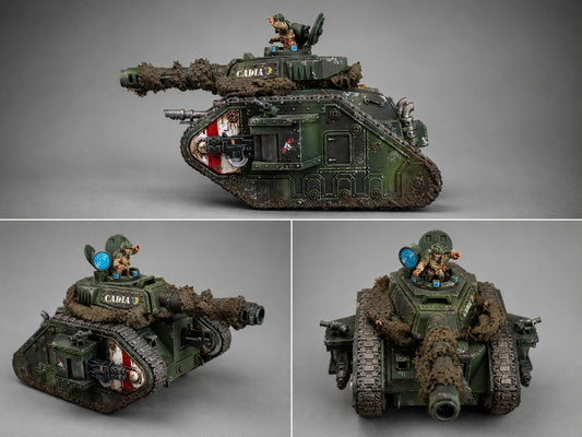 Hand-painted Astra Militarum Leman Russ battle tank miniature in olive green camouflage with mud weathering and battle damage, Cadian tank commission by Alto Studio