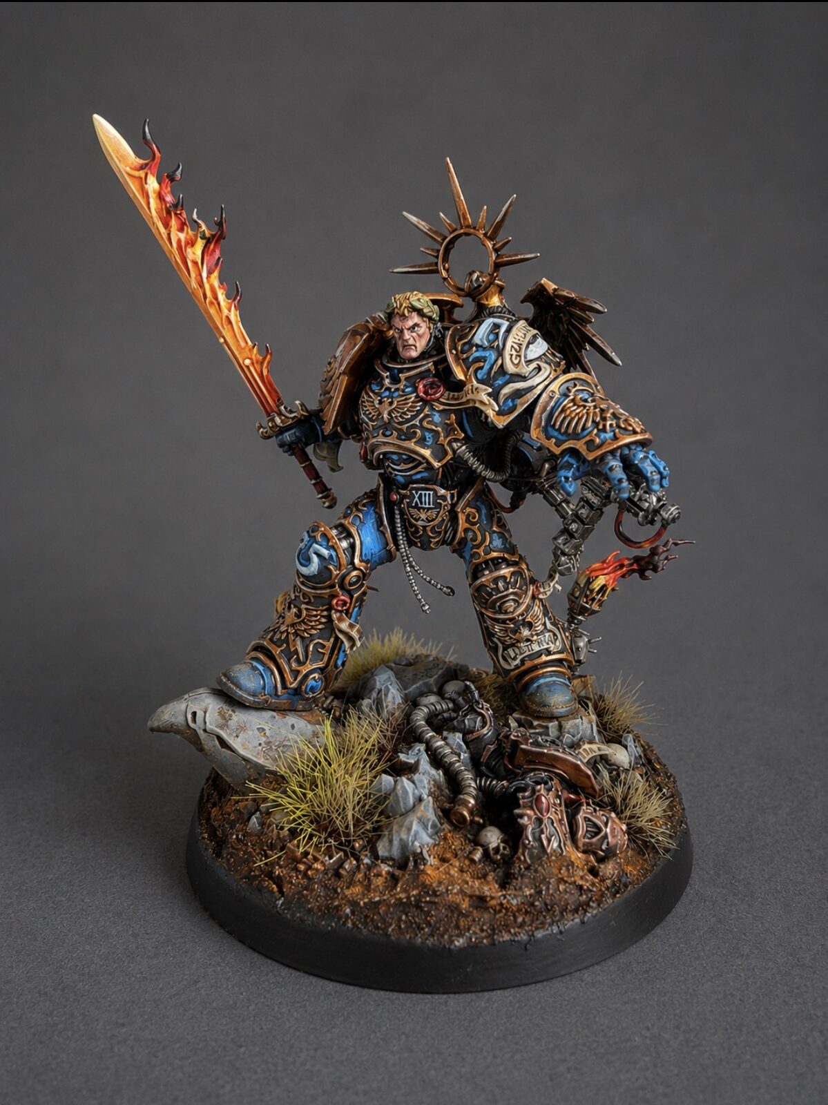 Hand-painted Roboute Guilliman Primarch miniature with gold NMM armor, flaming sword, and themed display base, premium commission by Alto Studio